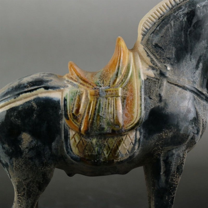 Tang Sancai carved black war horse ornaments, handmade horses to the success of home furnishings, Chinese imitation of ancient goods, porcelain and antique collection