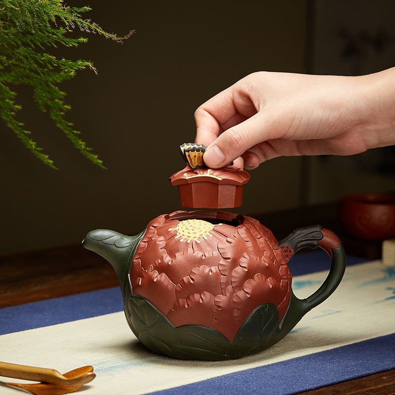 Zun pot, Yixing national color, Tianxiang peony, purple clay pot, pure handmade large teapot, single pot, famous authentic and authentic tea set